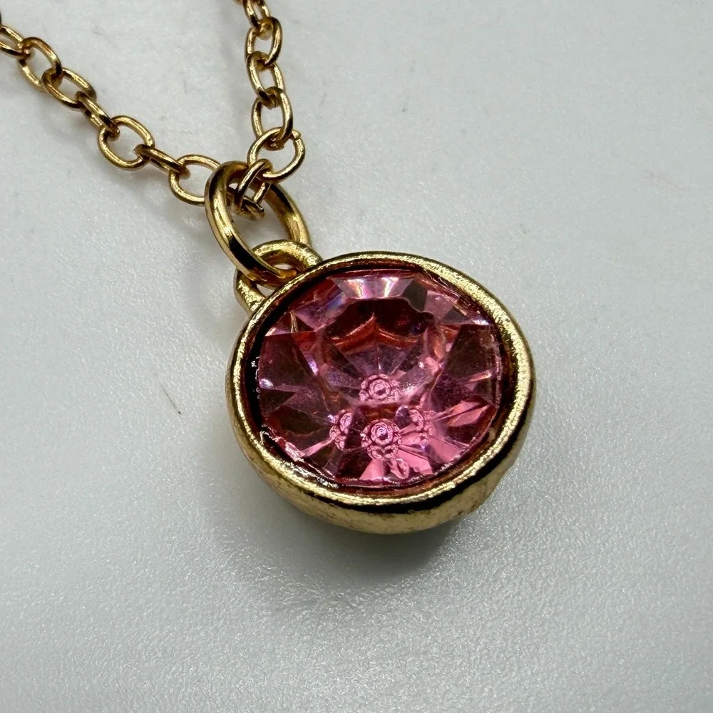 Gold Tone Pink Rhinestone Pendant Necklace Round Crystal Adjustable Chain Gift